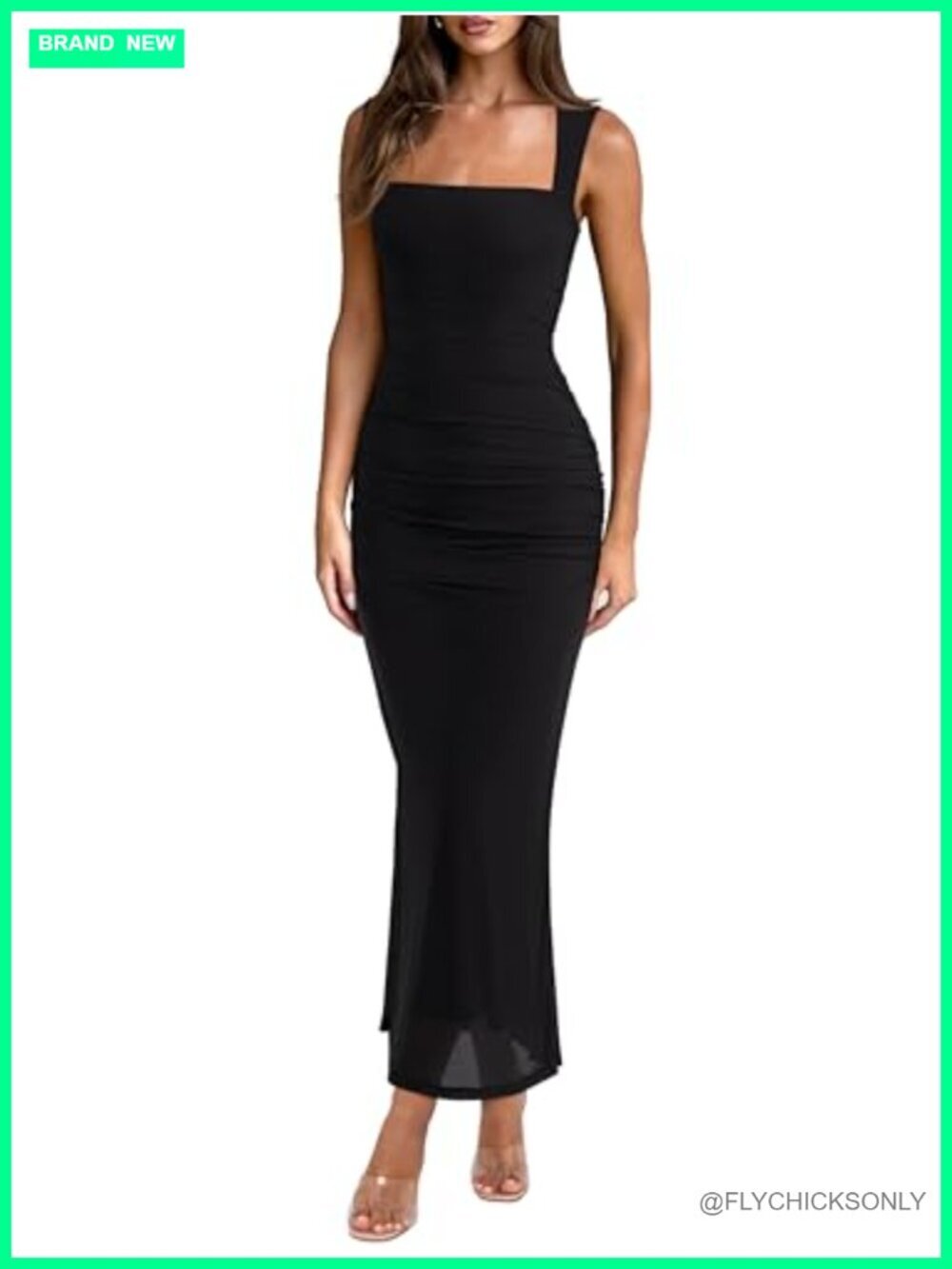 Sleeveless Square Neck Mesh Ruched Bodycon Maxi Dress